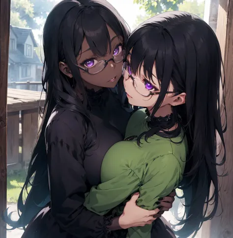 2 female, darker skin, huge breast, green long hair, black nails, black long sleeve dress, purple eyes, gothic house, dolls, happy face, glasses, dark sky, rainfall, kiss, hug, love