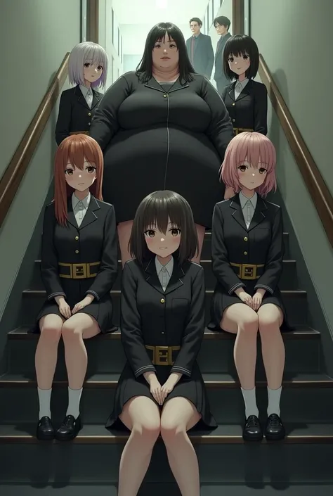 Realistic photo of 5 teenage girls sitting on different steps of the staircase, all wearing black uniforms and gold belts, a woman is fat, 3 men and 2 women