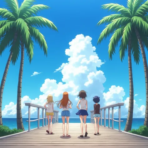 Summer Pier, palm trees on the sides, a beautiful beach sky, a close-up of 4 girls, the girls are looking to the viewer,  anime screencap