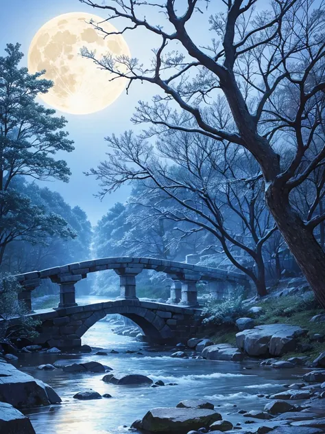 stream with stone bridge, a large tree with many twisting branches, night sky with full moon