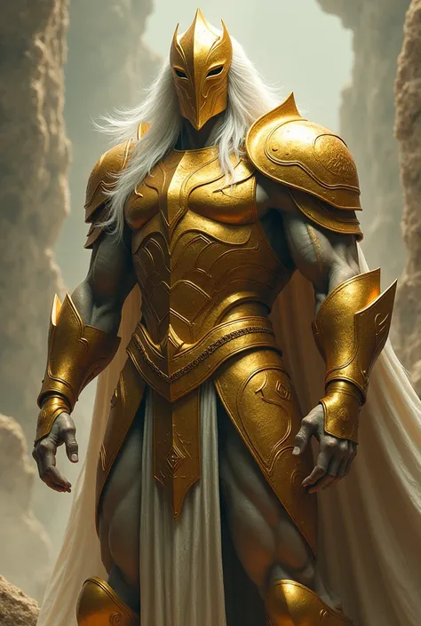 Tall and strong golden armored entity with long white hair with floating metal mask 