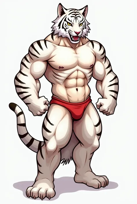 Musculan tiger, gay furry, white tiger, underwear only, drawn style