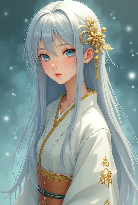 Woman who appears to be 2, long, silver-colored hair, blue colored eyes, with a white kimono with gold details and Japanese symbols, image with anime features/mango, 90s anime style.