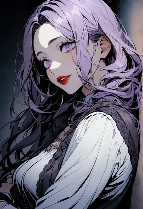 anime, french chic style woman, ((middle-aged woman)), chain accesories, dark clothes with a shade of white, white marks on clothes, purple eyes, (downturned eyes), lavender hair, long hair, expressive hair, light skin, upper view, both arms on her back, s...