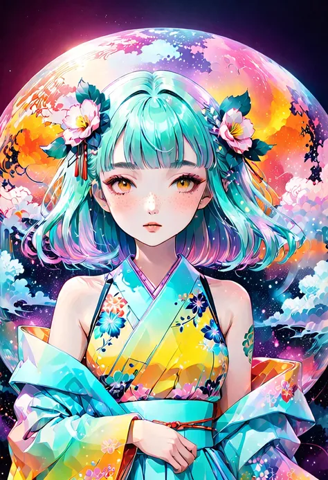 A mesmerizing surreal illustration of a young japanese woman. She has pastel green hair with blunt bangs, yellow eyes, and wears a vibrant pastel colored outfit adorned with intricate floral patterns. Freckles dot her smooth, warm complexion, and bold, col...