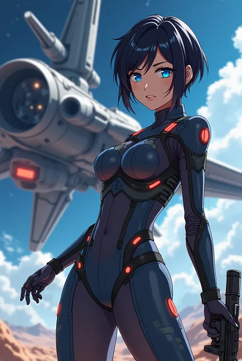 Galactic bounty hunter with advanced full body space suit with her ship in the background in anime with big breasts short black hair her ship is more futuristic with a laser gun blue eyes a large scar on the right side of her face a sniper rifle Battle pos...