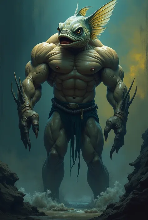 Muscular body man with fish face in yellow dark blue colors fins 