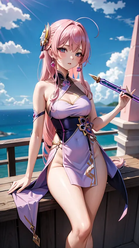 Extreme details, Flawless, Aerial View, Its like a work of art, Anime girl holding an ice sword, Pink hair and purple dress complement each other, Ayaka Genshin looking into the distance, Lead us into the world of Genshin Impact.