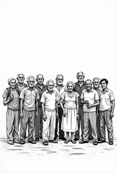 People in front, society, old men and women, mexicans, simple drawing, no shadows, black and white