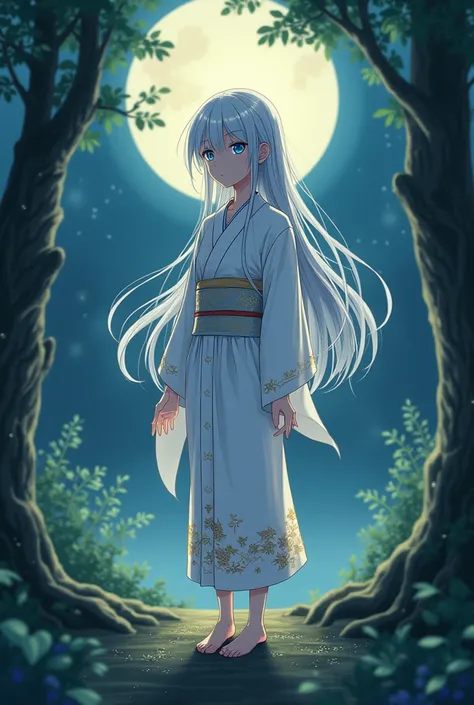 Woman who appears to be 2, long, silver-colored hair, blue colored eyes, with a white kimono with gold details and Japanese symbols, image with anime features/mango, 90s anime style, in a forest under the moonlight, Yokai, anime style yuyu hakusho