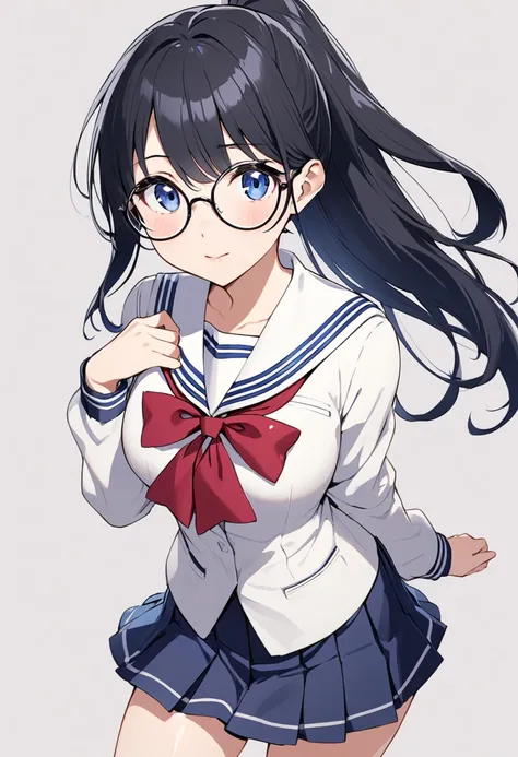 girl（Round Glasses、High School Uniform（Navy Blue、Short skirt）Clear skin）、Black Long Hair（ponytail）、School