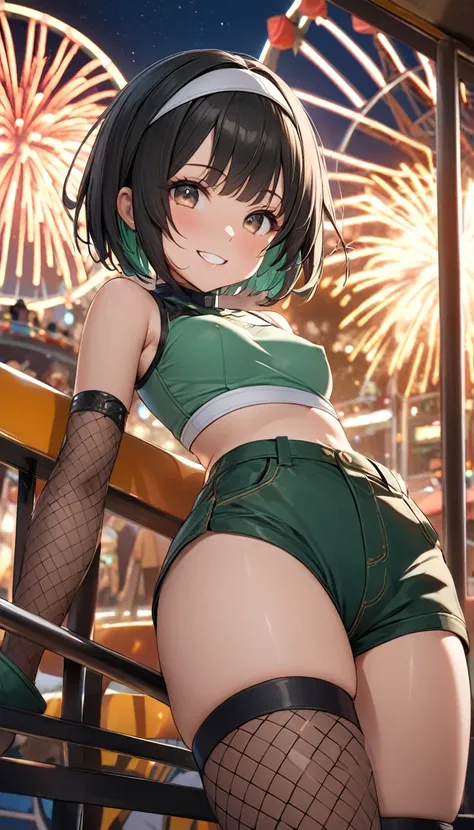 
(The fire starts)、(On the Ferris wheel at night)、Detailed face、yuffie kisaragi, a distinctive character from the game world of Final Fantasy, Leaning forward、Bring your face closer、((close up thighs:1.7)), (Angle from below), (grin)、Red cheeks、Underboob、k...