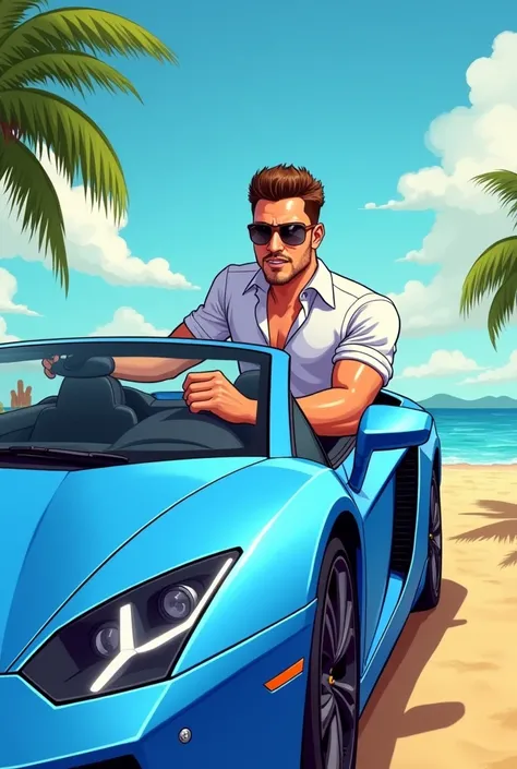 (CARTOON) BOLD  30 YEARS MEN MAN, DRIVING A BLUE METALLIC LAMBORGINI, SHOWING IS HEAD AND SHOULDER OVER DE DOOR CAR, WHIT SUN AND BEACH PALMS, CROSSING WATTER POMP