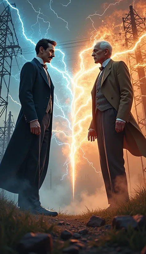 A dramatic visual of Nikola Tesla and Tomas Edison’s electricity battle, with sparks flying between AC and DC power lines, Teslas calm determination against Edisons intense focus, symbolic representation of their rivalry