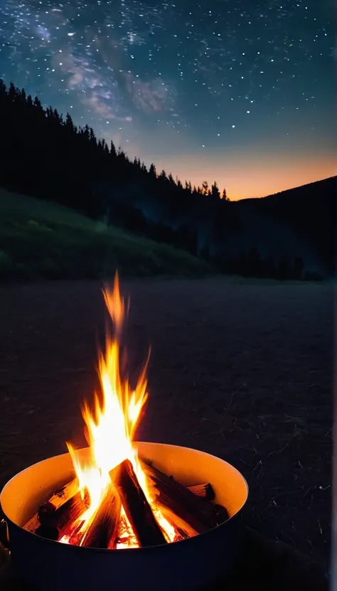 First person point of view, looking outward and mesmarized with the gentle firey camp fire surrounded with close friends, admiring the dark starry night during the summer time, shooting star, roasting marshmello’s