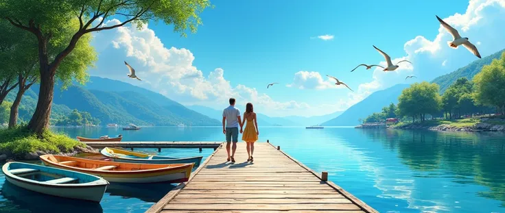 Beautiful summer pier, wooden pier on calm lake, sunlight sparkling on water, rows of colorful boats docked along pier, seagulls flying overhead, couple walking hand in hand on pier, fluffy clouds in deep blue sky, lush trees lining shore, (Best Quality,4k...