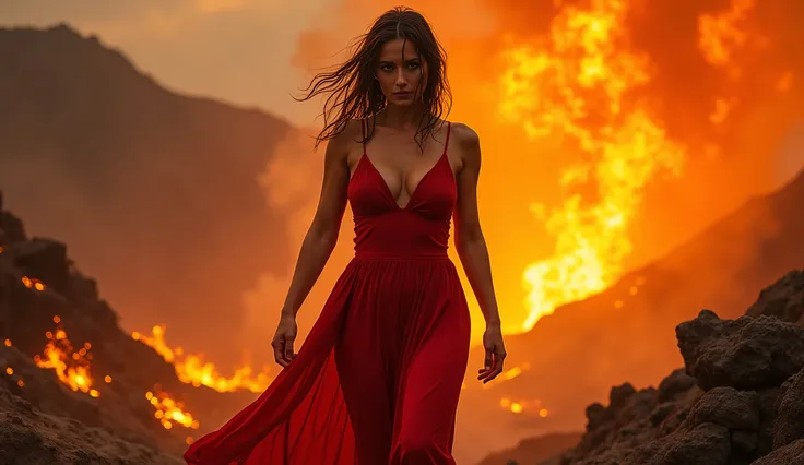 beautiful woman in red dress in flames, walking through fire, lava, volcano, sexy body, large breast, upper body, brown hair, embers, ashes, cute, hottie, Vanessa Decker, wet breast, wet body, wet hair.