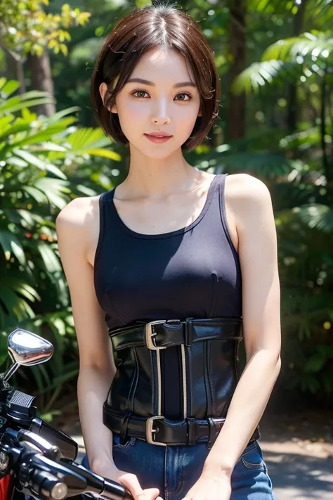 ((Highest quality, 8k, masterpiece: 1.3)), sharp: 1.2, , Perfect Body Beauty: 1.4, (Very small waist: 1.5), Cute Face, Black Short Hair, (((Woman on a motorcycle))), Slender body, ((casual)), Highly detailed face and skin texture, Beautiful Eyes, double ey...