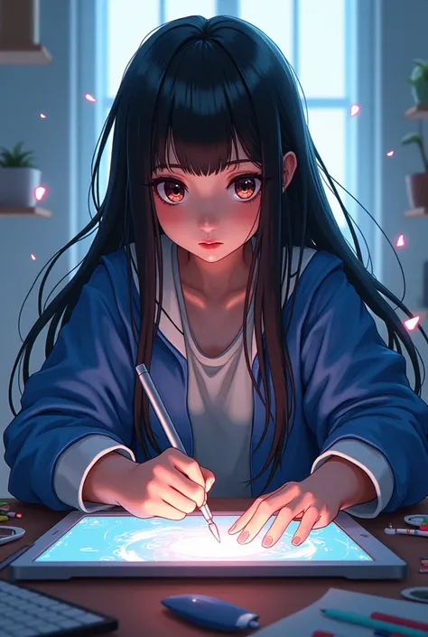 A girl with long black hair wearing a capul manga version with a digital pen in her hand 