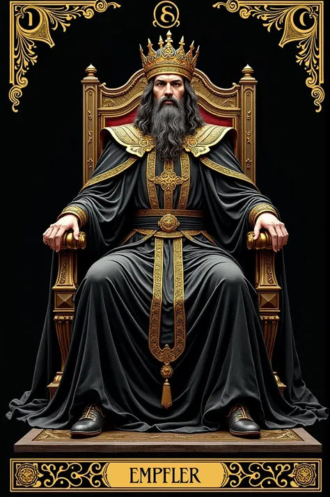 tarot card, the emperor, sitting on a throne, black card with gold