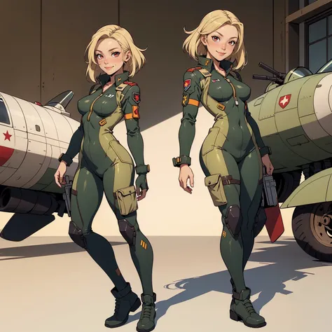 (perfect, masterpiece), very detailed, 1 girl, smiling facial expression, medium breasts, full body view, blonde hair, red eyes, small breasts, looking at viewer, military fighter pilot uniform