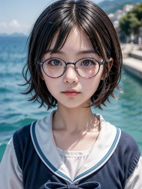 A Japanese elementary school girl, Amalfi, Italy, seen from the ocean, Navy uniform, short hair, clear expression, sparkling eyes, glasses