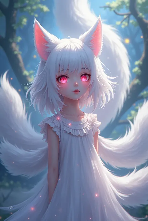 A white-haired girl with pink-red eyes is a nine-tailed fox. Anime