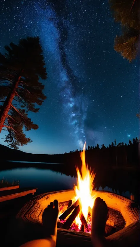 First person point of view, looking outward and mesmarized with the gentle camp fire surrounded with close friends admiring the dark starry night during the summer time, shooting star, roasting marshmello’s, mirror lake view, bare feet, super-fast shutter ...