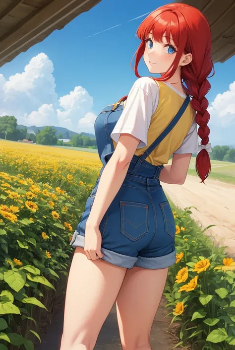  Ann, Harvest Moon, fair skin, freckles, blue eyes, red hair, braid, white ribbon, yellow t shirt, denim overalls shorts, full body, g cup, on a farm