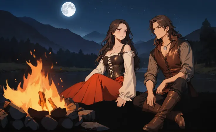 masterpiece, best quality, perfect face, anime, (expressive eyes), campfire, night scene, two people sitting by the fire staring...