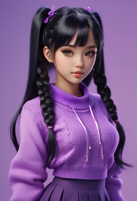 a woman with long black hair wearing a bright purple sweater, a character portrait, full body, inspired by Ross Tran, trending on cg society, render of a cute 3d anime girl, perfect android girl family, pigtails hairstyle, beautiful avatar pictures, anime ...