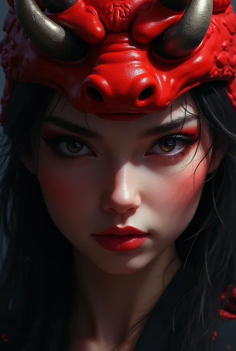 Woman&#39;s face with red oni mask 