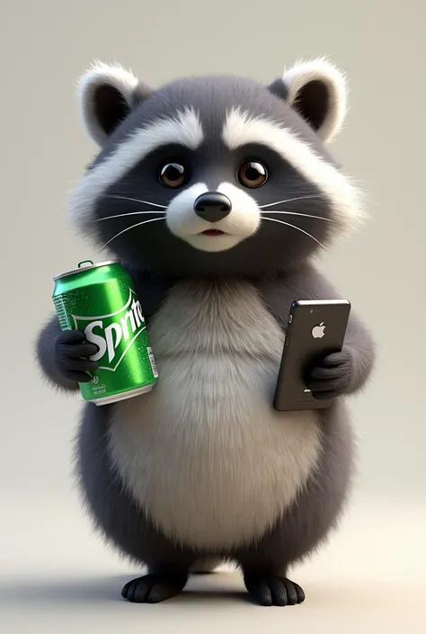 cute、Bushy hair、fat、Holding a sprite and smartphone in hand、walk、Raccoon、