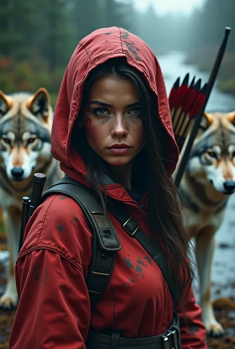 portrait of a beautiful women highly detailed,close-up,Face shot,Midium shot,(film grain),cinematic lighting,Portrait,DSLR,1girl,in forest,female warrior,red hoodie，some dirt on hoodie，pants,a litle bloodstains wrapped around one hand，modern Hunter,Lara Cr...