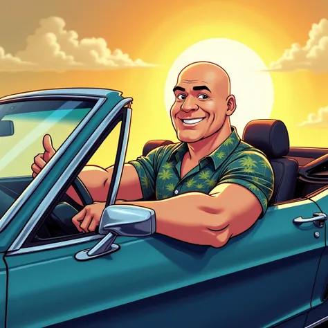  (Cartoon )STRONG 40 YEAR OLD BALD MAN, DRESSED IN A SHORT SLEEVED SHIRT WITH PALM TREES DRIVING A DARK BLUE METALLIC CONVERTIBLE CAR WITH THE SUN BEHIND, GIVING A THUMB UP, PEEKING OUT THE HEAD AND ELBOW FROM THE SIDE, SHOW THE FULL CART IN THE IMAGE