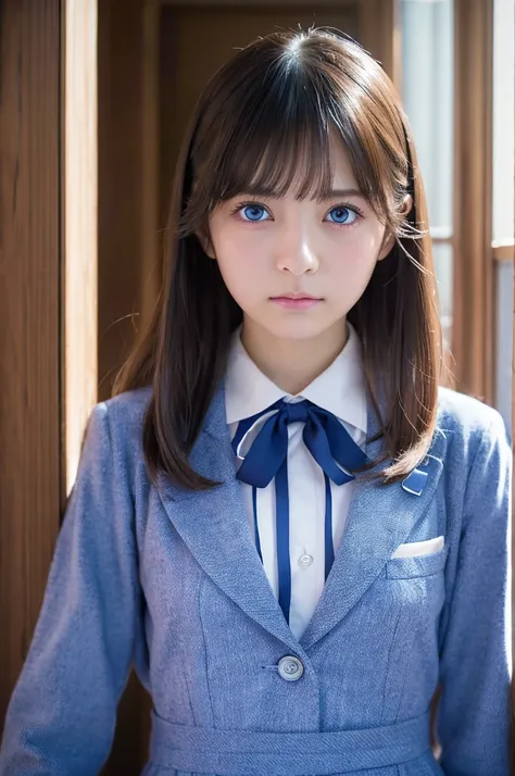 Ultra-realistic、Surreal、Portrait、Nogizaka46 uniform、shibari:1.5、Bright expression、(Embarrassed、A sigh escapes、Frowning:1.25)、Younger, brighter, whiter skin、Best Looks、Clear attractive big blue eyes、She is a very beautiful and lovely girl、