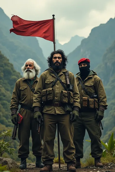 marx, Che Guevara and Sub Commander Marcos in the mountains 
