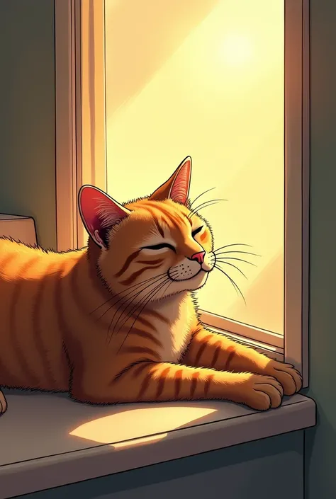 A brown-skinned cat stretches out comfortably、American comic book style illustration、Basking in the sunlight by the window