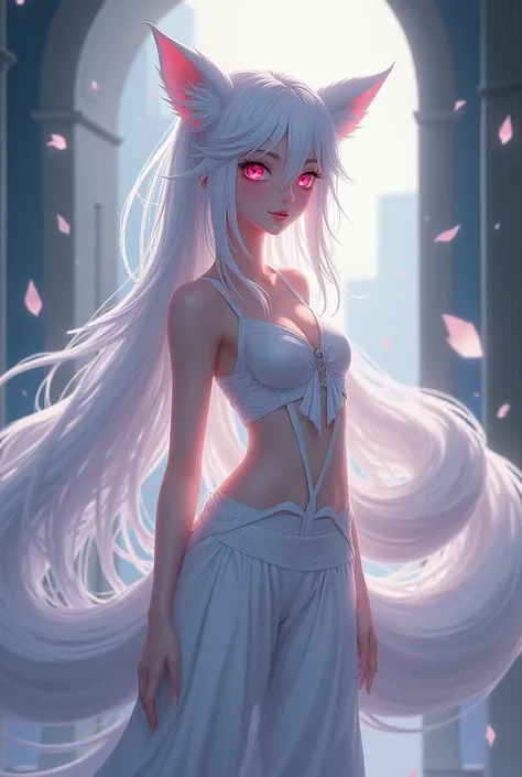 A young woman with white hair and pinkish red eyes. She is a nine-tailed fox. She is wearing pants. Anime.