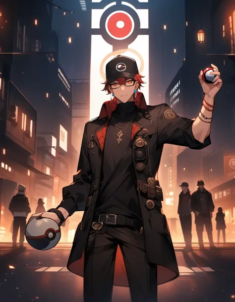 adult boy with red hair and red eyes, holds a pokeball in his hands. shorth hair, orange eyes, baseball cap with a pokeball symbol, black clothing, city at night, urban steampunk, mighty. In front of a large entrance. One arm extended forward and the other...