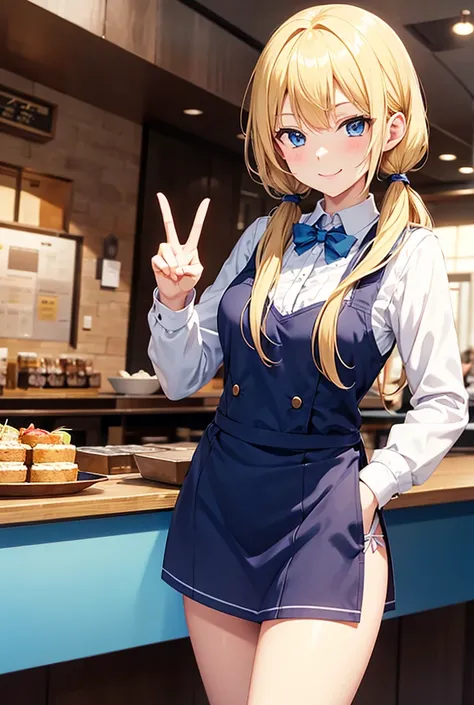 anime, woman, smiling, wink, making a peace sign, standing, looking at viewer, semi long, low twintails, blonde, blue eyes, adult, slender, waitress, in the cafe, in the afternoon, cowboy shot, from front, cowboy shot, midday