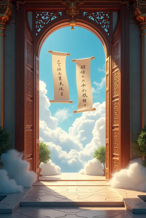 Create an image at the entrance of a paradise closer to the door in the background you can see 2 scrolls with letters in the clouds