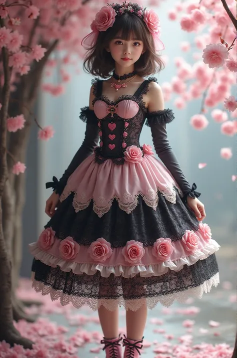 Gothic Lolita fashion with dark brown shoulder-length hair accented by pink floral headpieces, wearing a knee-length, multi-layered dress featuring black lace details, pink bows, and rose embellishments. The dress has a delicate white lace underskirt and i...