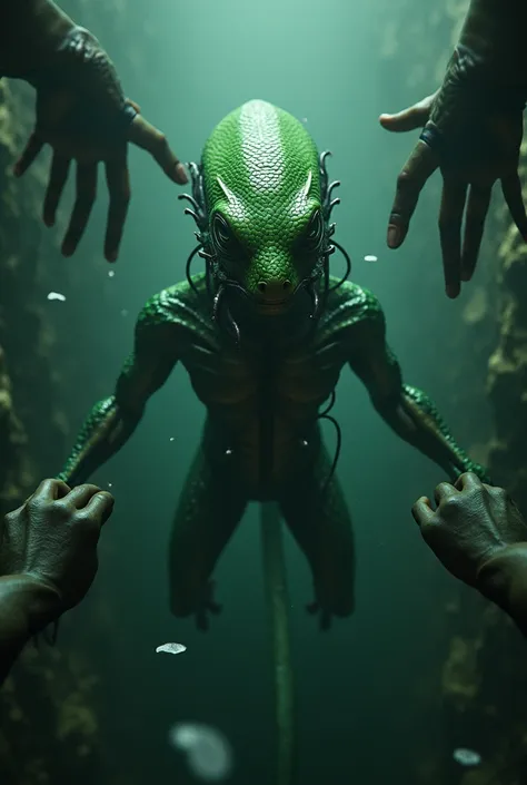 A reptile human like alien, green skin, with biomehcanics tubes coming out on dark water, seen from above with two gigantic demon hands reaching out to it, eerie, horror movie style, hyper realistic photography, cinematic