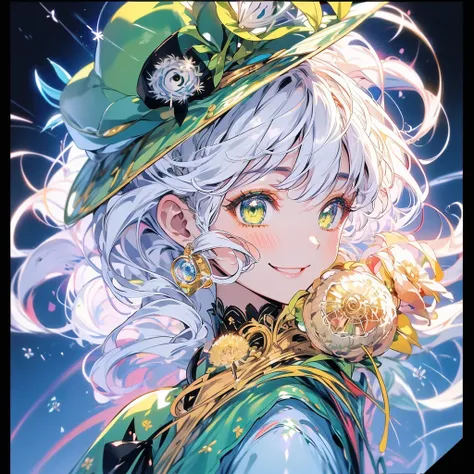 Masterpiece、smile、Anime Girls, White Hair、 Green Eyes、Cute Anime Girls、smile、((Yellow dandelion))、fractal art、Fashionable hats、Gwaiz、garden、Flower garden