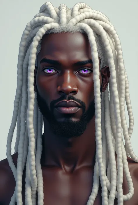  Black man with long white dreadlocks and eyes with normal pupils and lavender irises 
