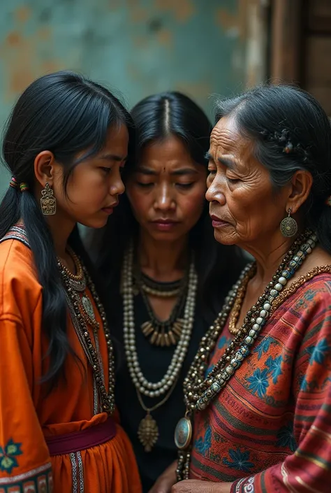 3 indigenous Guatemalan women, A girl,an adult and an elderly woman, sad, hurt, with Mayan clothing, telling each other secrets. 

