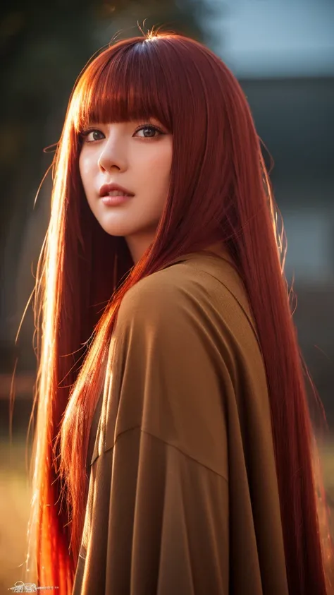 red hair, blunt bangs, bangs, long hair, hair spread out, straight hair, shiny hair, glowing eyes, longeyelashes, amber eyes, makeup, blush, fangs, hood, absurdly long hair, Surrealism, chiaroscuro, cinematic lighting, silhouette, drop shadow, backlighting...