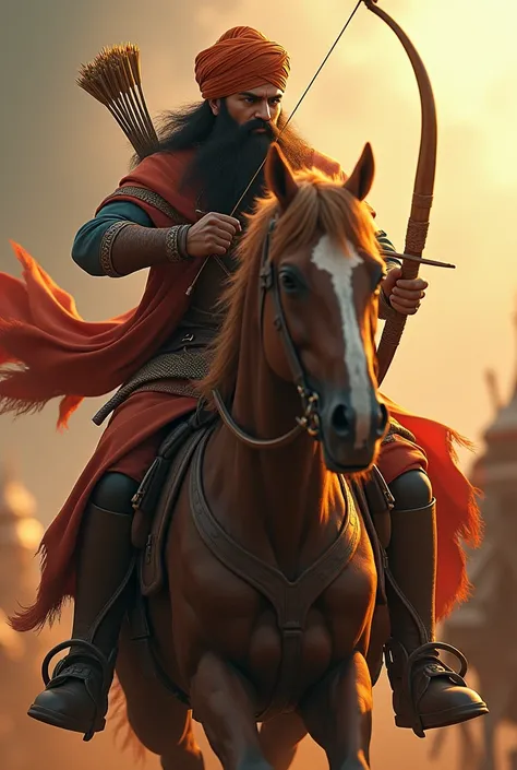 (photorealism:1.2), sikh warrior on horse with long beard around aggressive face radiant light beautiful light on figure in action holding bow and arrows in action 