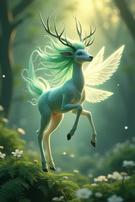 (((漂浮在森林上空的deer精灵, Tearing the flowers in the forest ))) Green Hair, Body, 径向辉Light, White fern flower, Light学的, Panoramic lighting, Atmospheric perspective, dawn, smooth: 5D, Light, color, Beautiful face, Clear facial features, Symmetrical transparent win...